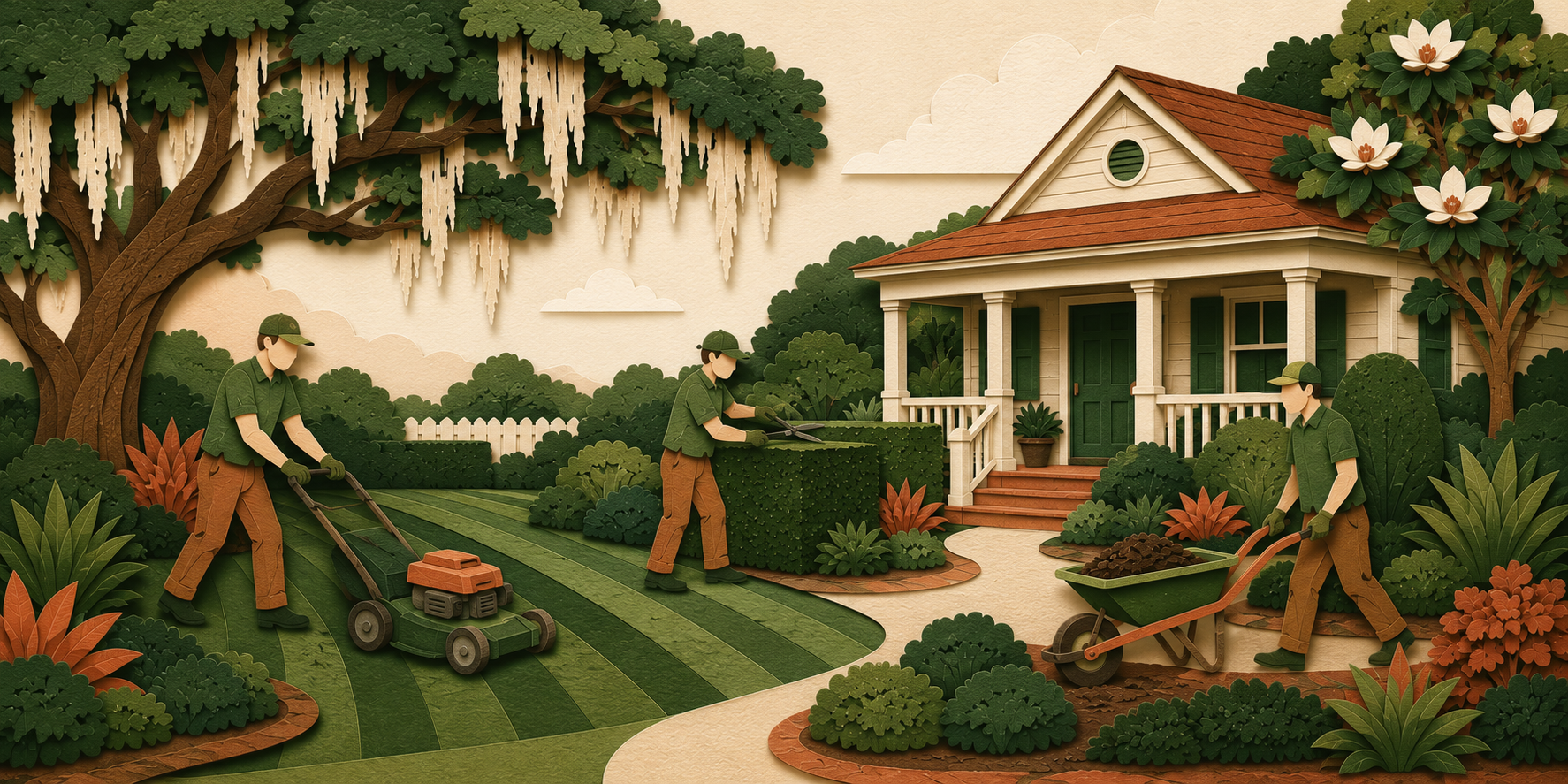 Illustrated landscaping crew at work in a Johns Island SC yard