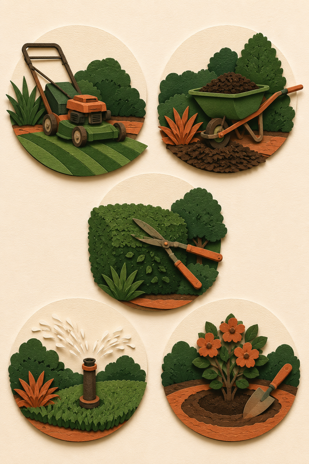 Illustrated overview of Great Garden Landscaping's core services — mowing, mulching, trimming, irrigation, and planting
